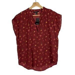 Forever 21 Red Floral Popover Short Sleeve Blouse S